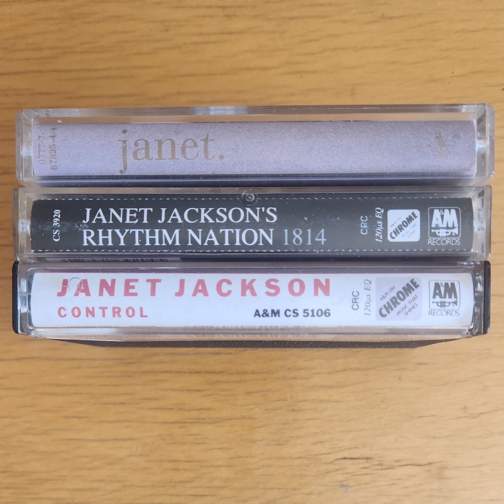 Three Janet Jackson cassette spines stacked, showing the STEREO CASSETTE label and A&M catalogue numbers